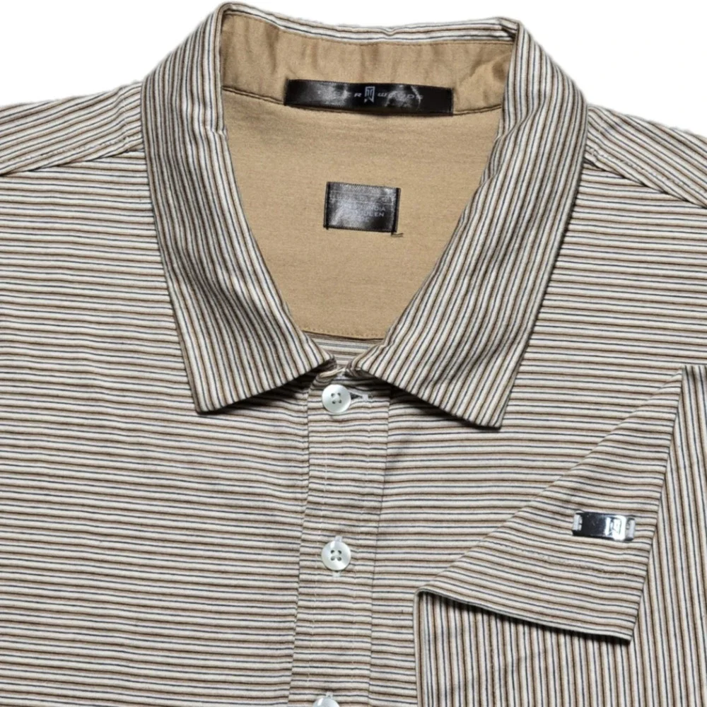 Vintage Y2K Nike Tiger Woods Golf Polo Shirt Mens L Brown Stripe Cotton EUC